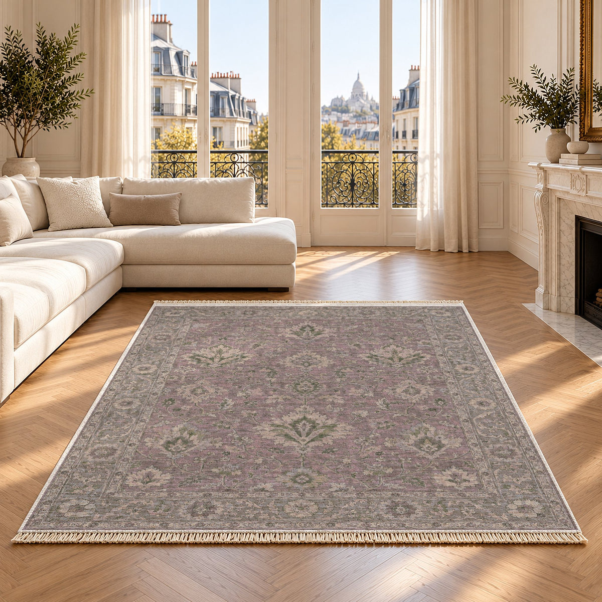 Split Palmette Court Graphite & Linen washable rug on an oak floor