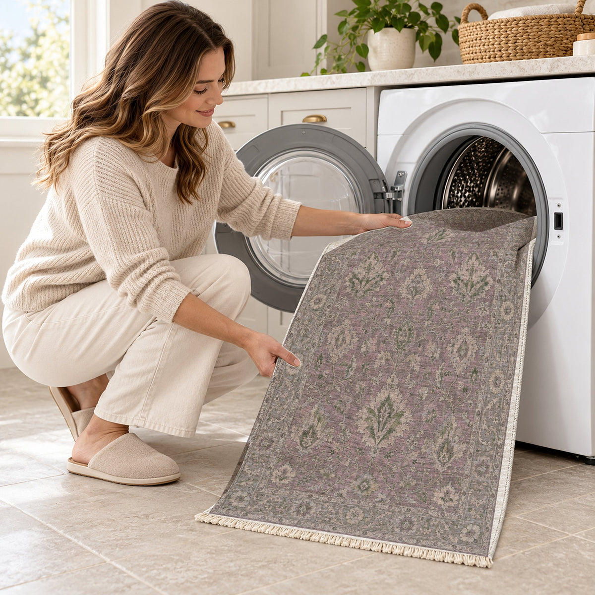 Split Palmette Court Graphite & Linen washable rug being loaded into a washing machine