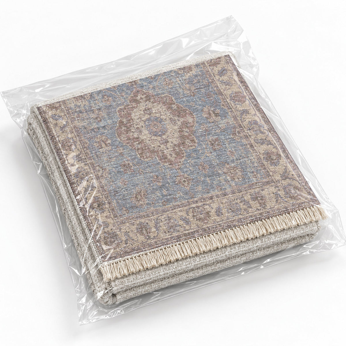 Spotted Medallions Graphite & Linen washable rug rolled and packaged