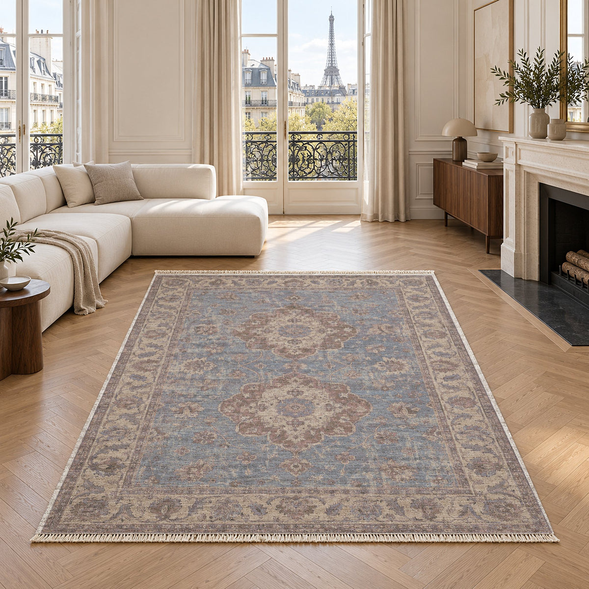 Spotted Medallions Graphite & Linen washable rug in a living room with an Eiffel Tower view