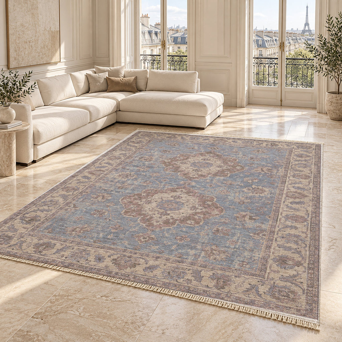 Spotted Medallions Graphite & Linen washable rug angled room view on marble