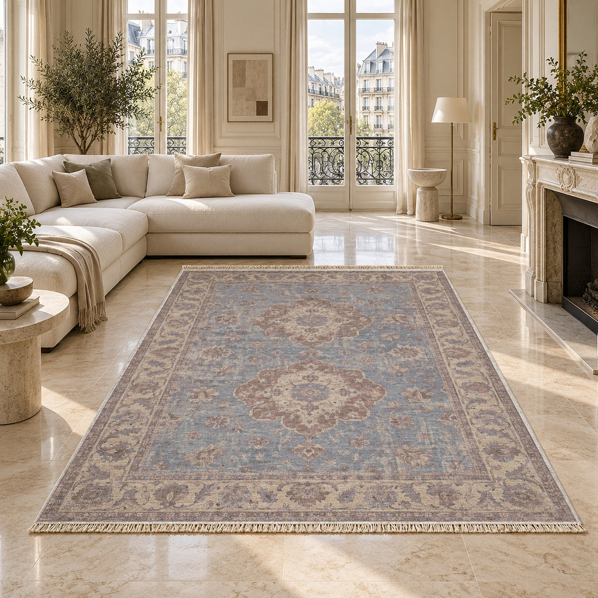Spotted Medallions Graphite & Linen washable rug on a marble floor