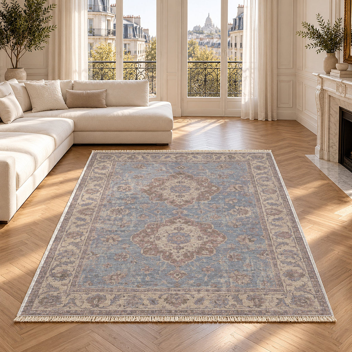 Spotted Medallions Graphite & Linen washable rug in a Paris living room