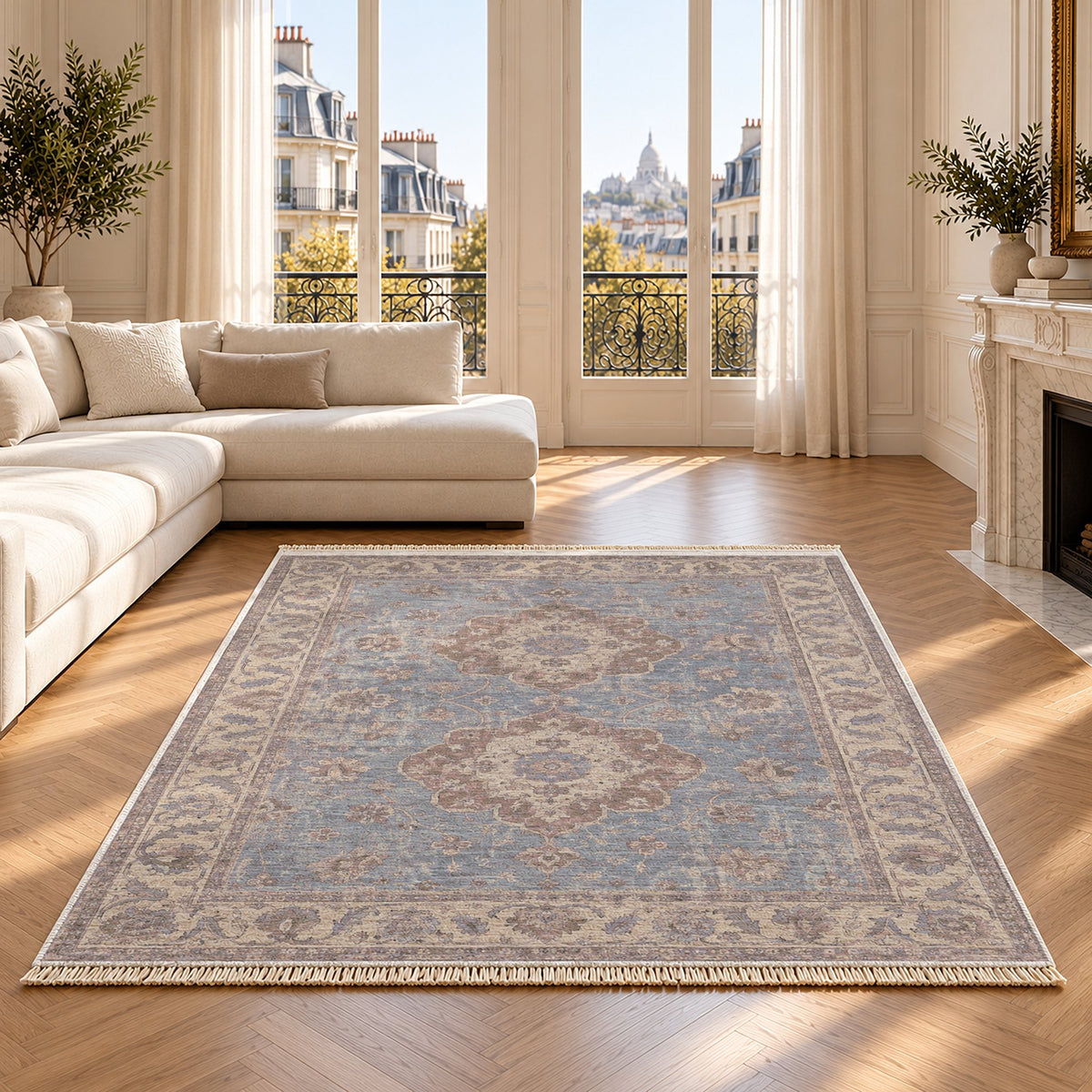 Spotted Medallions Graphite & Linen washable rug on an oak floor