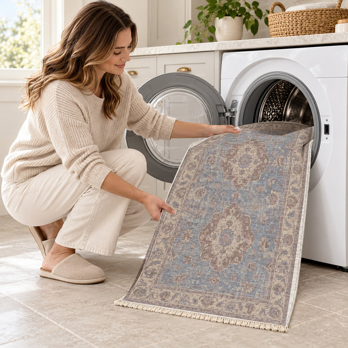 Spotted Medallions Graphite & Linen washable rug being loaded into a washing machine