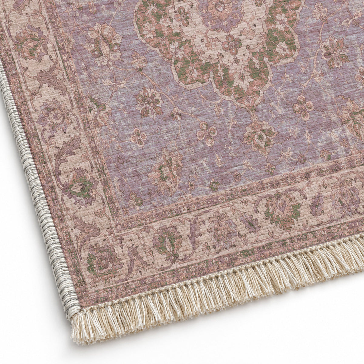 Spotted Medallions Rose & Olive washable rug close-up of the printed chenille