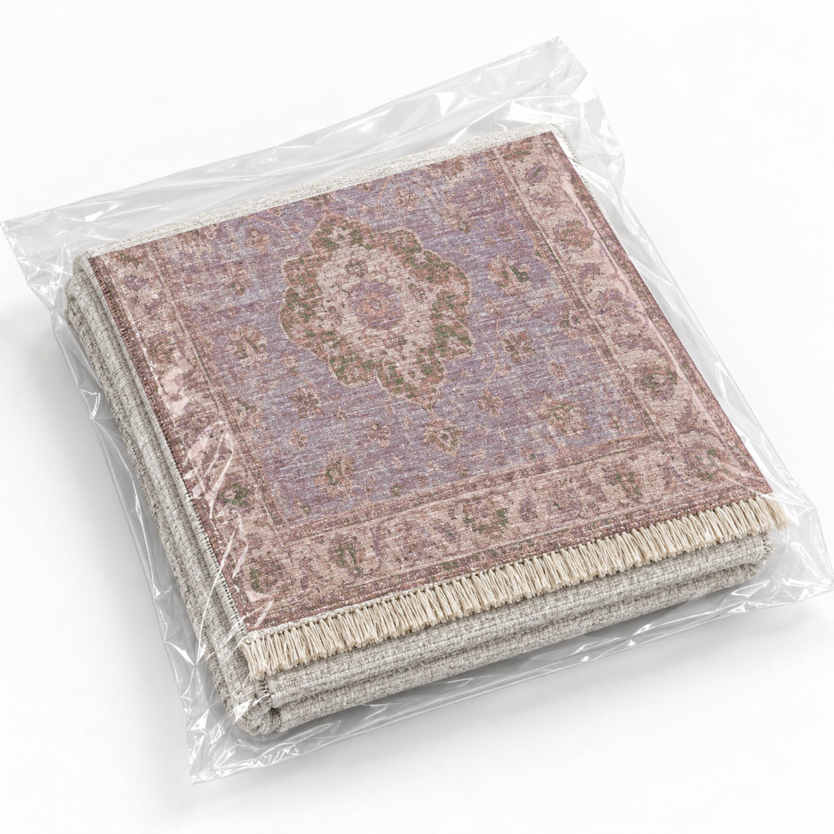 Spotted Medallions Rose & Olive washable rug rolled and packaged