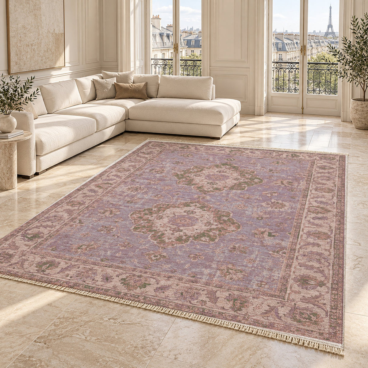 Spotted Medallions Rose & Olive washable rug angled room view on marble