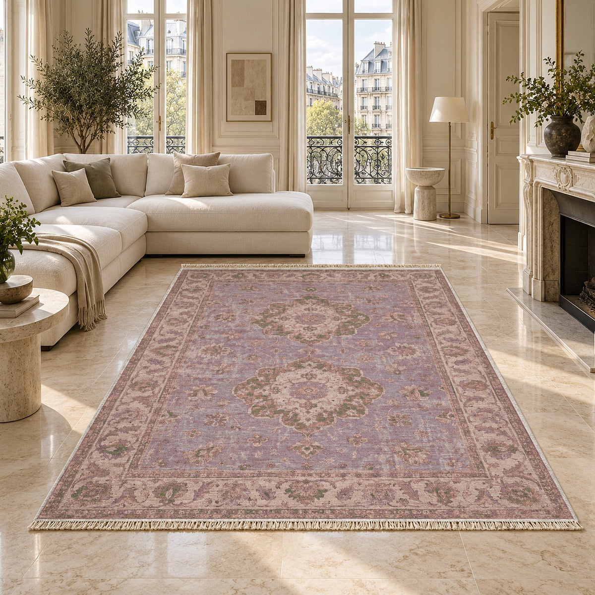 Spotted Medallions Rose & Olive washable rug on a marble floor