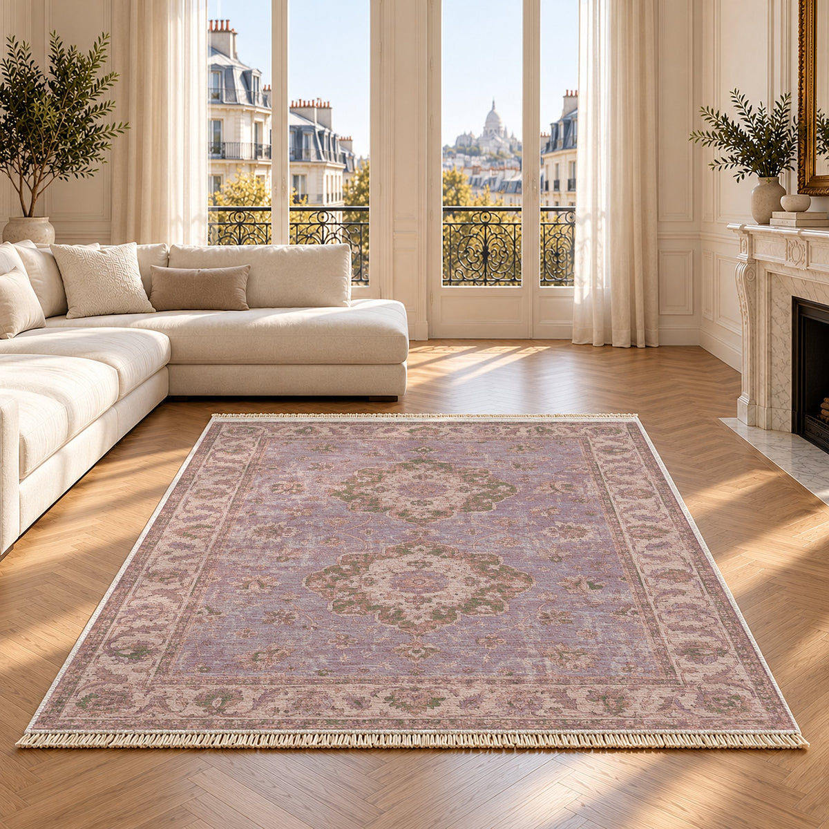 Spotted Medallions Rose & Olive washable rug on an oak floor