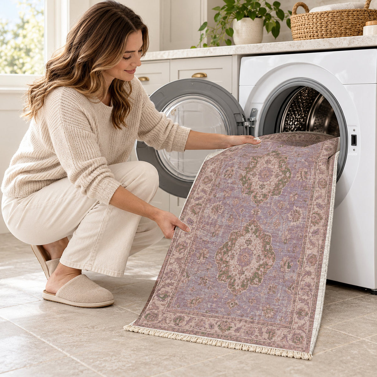 Spotted Medallions Rose & Olive washable rug being loaded into a washing machine