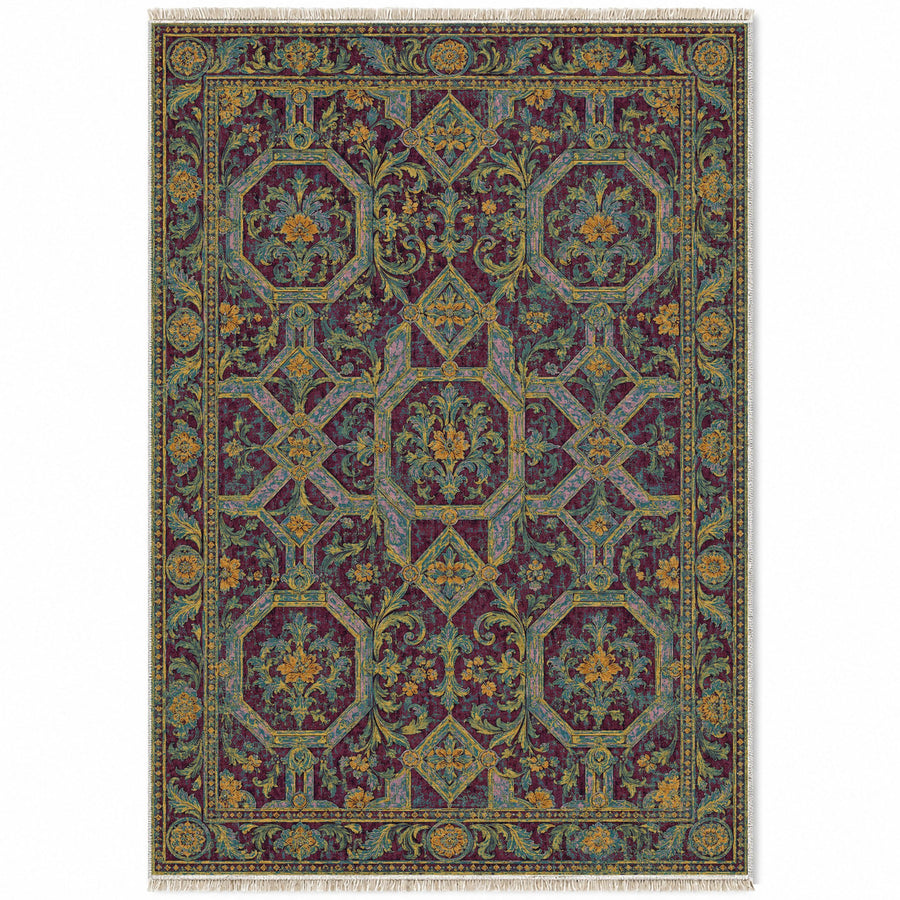 Staircase Marble Burgundy & Teal Baroque Washable Rug
