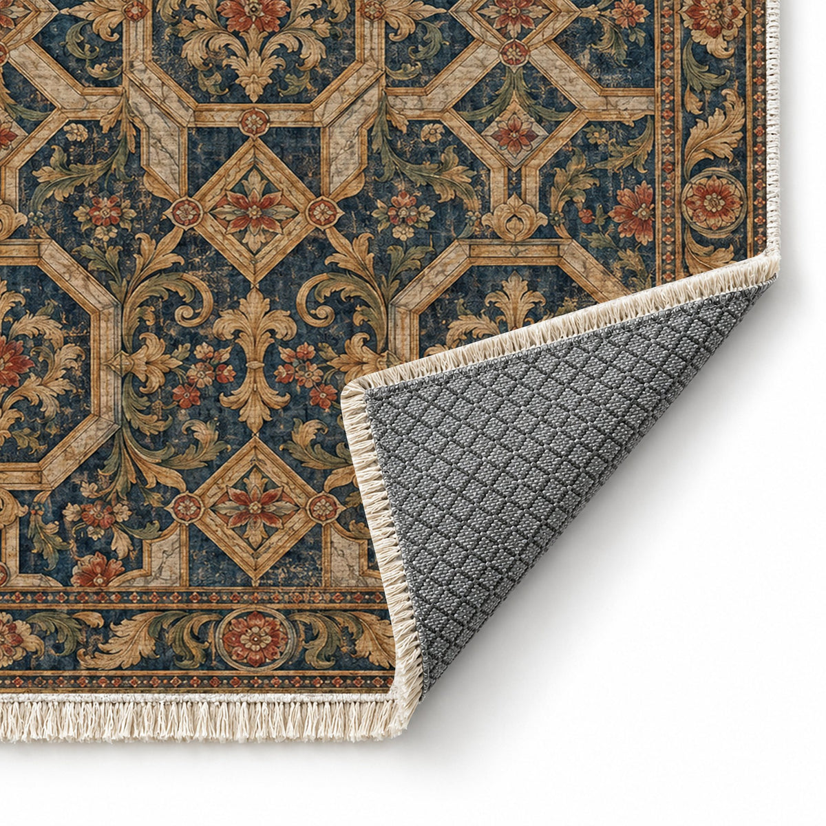 Staircase Marble Indigo & Rust washable rug folded corner showing the backing
