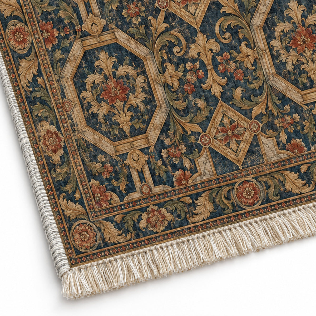 Staircase Marble Indigo & Rust washable rug close-up of the printed chenille