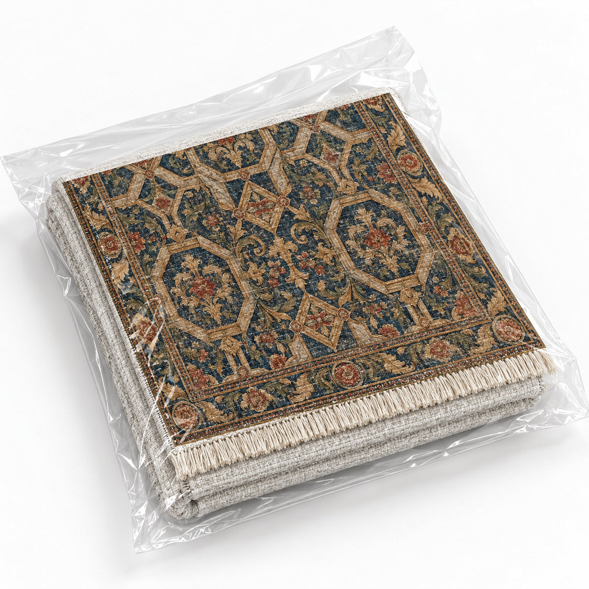 Staircase Marble Indigo & Rust washable rug rolled and packaged