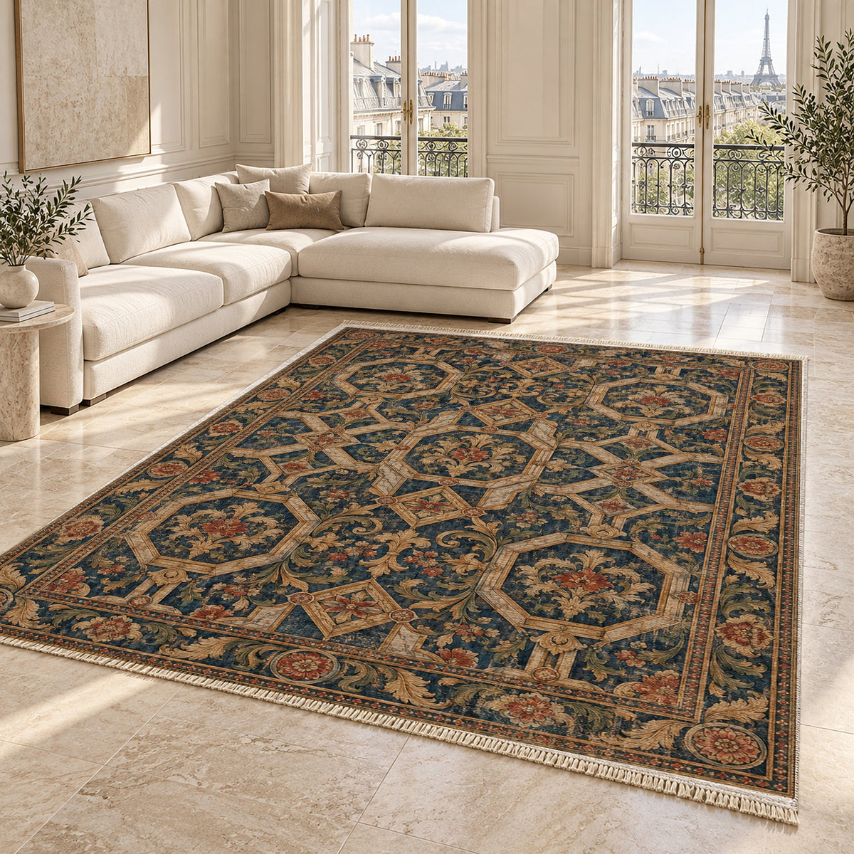 Staircase Marble Indigo & Rust washable rug angled room view on marble
