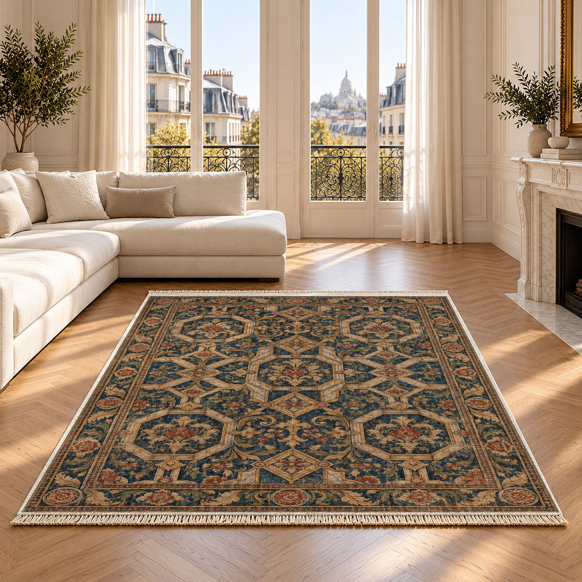 Staircase Marble Indigo & Rust washable rug on an oak floor