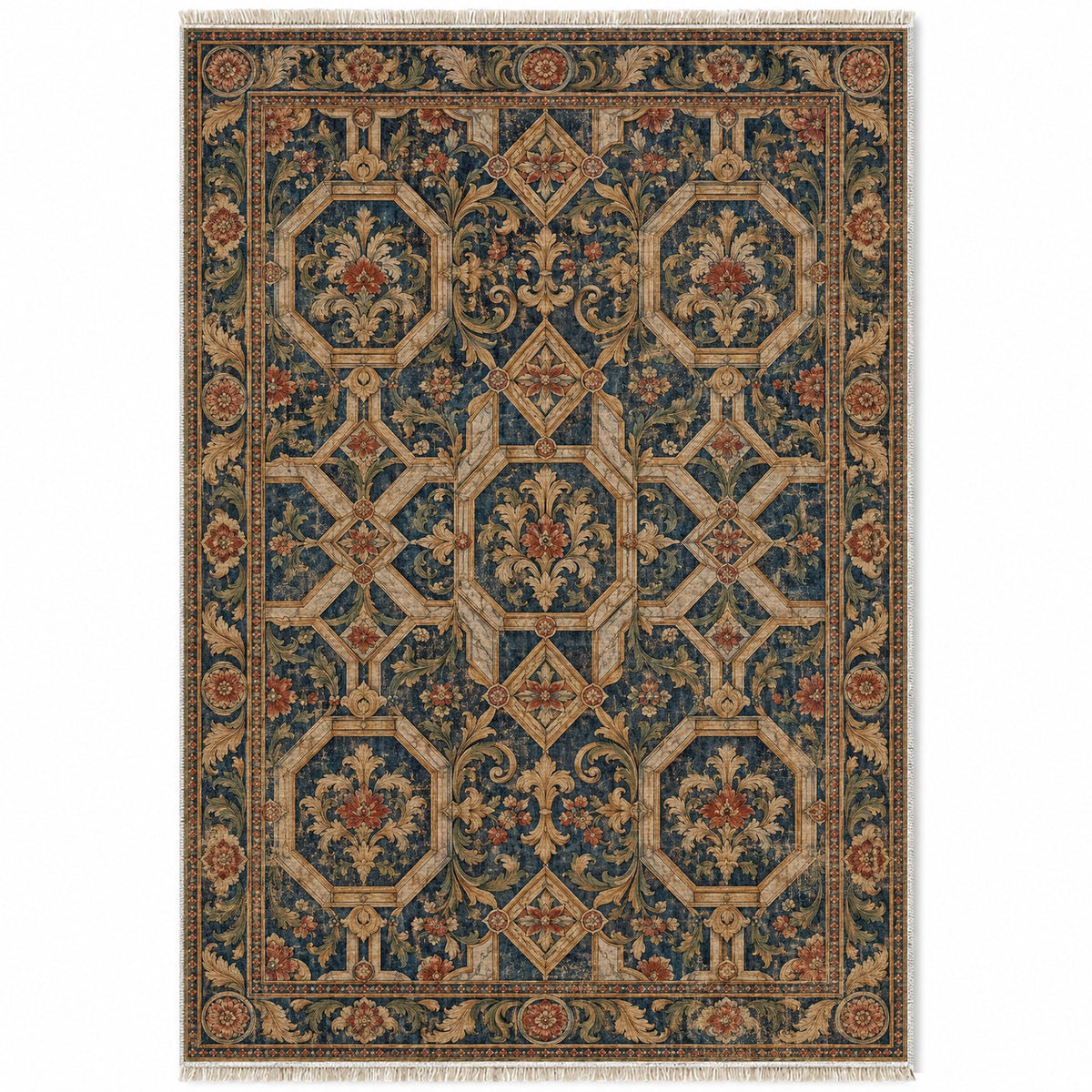 Staircase Marble Indigo & Rust washable rug top view