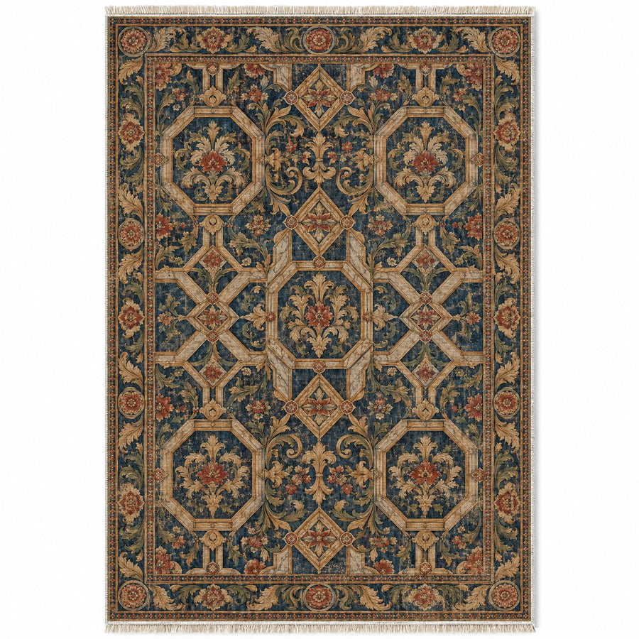 Staircase Marble Indigo & Rust Baroque Washable Rug