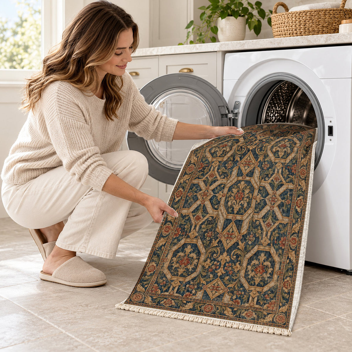 Staircase Marble Indigo & Rust washable rug being loaded into a washing machine