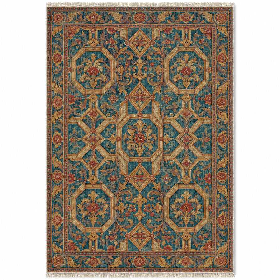 Staircase Marble Peacock & Ochre Baroque Washable Rug