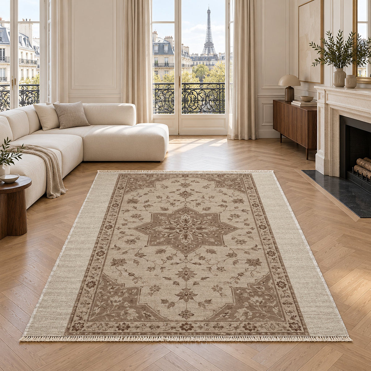Star Reserve Ivory & Taupe washable rug in a living room with an Eiffel Tower view