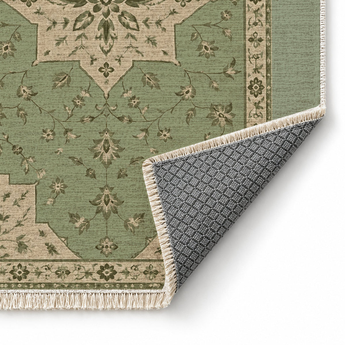 Star Reserve Sage & Oat washable rug folded corner showing the backing
