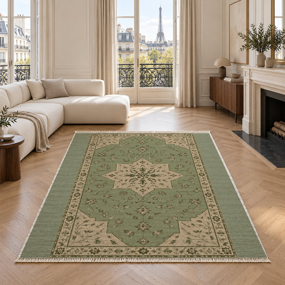 Star Reserve Sage & Oat washable rug in a living room with an Eiffel Tower view