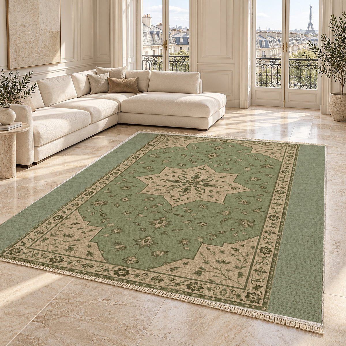 Star Reserve Sage & Oat washable rug angled room view on marble