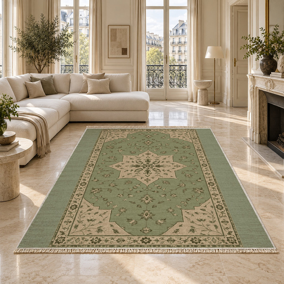 Star Reserve Sage & Oat washable rug on a marble floor