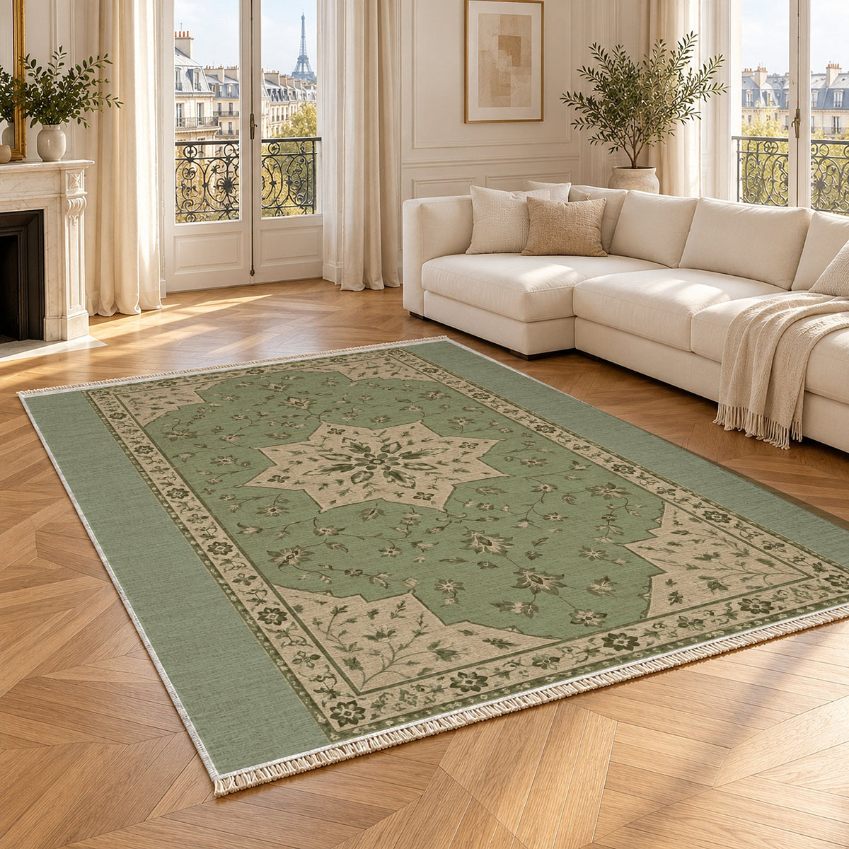 Star Reserve Sage & Oat washable rug angled room view