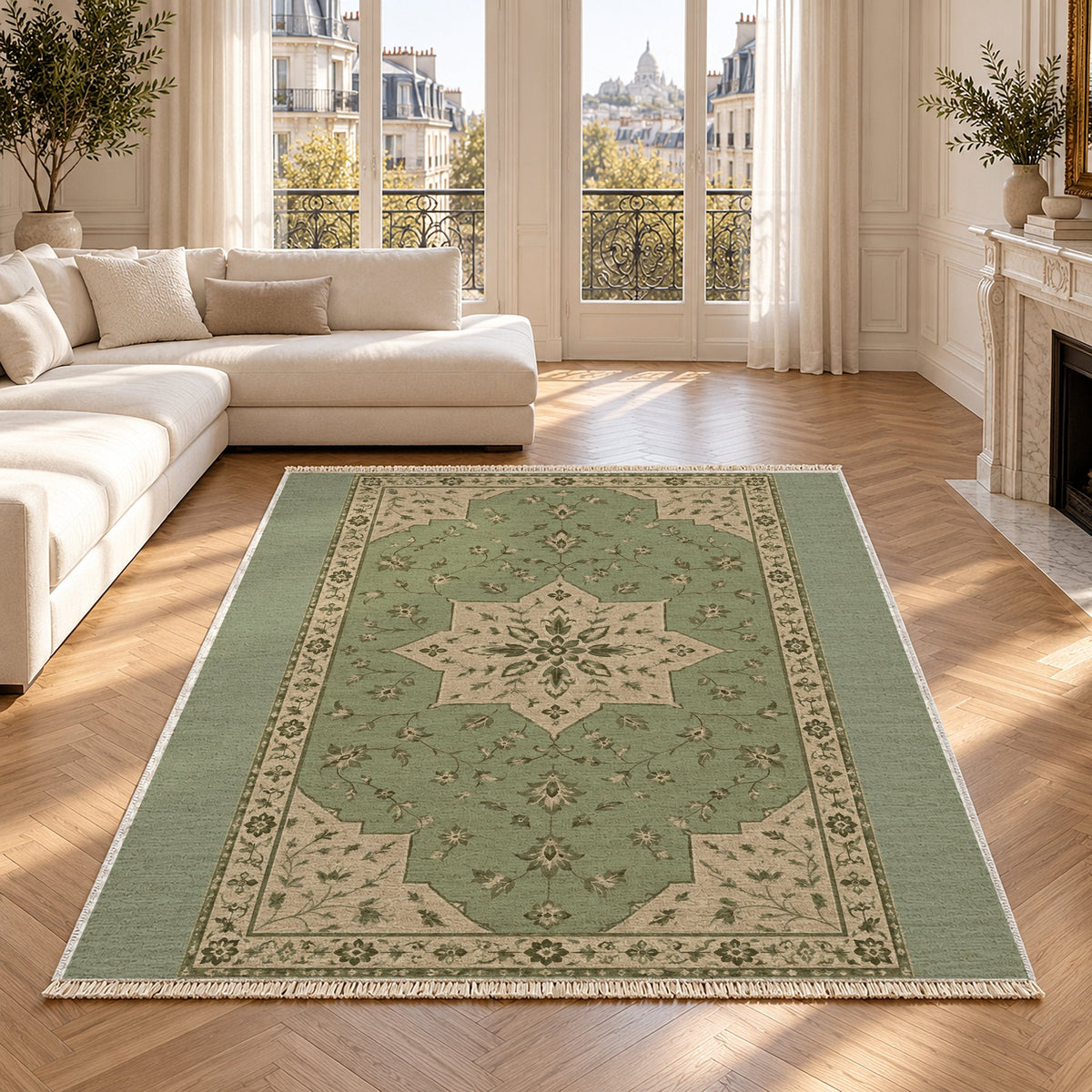 Star Reserve Sage & Oat washable rug in a Paris living room