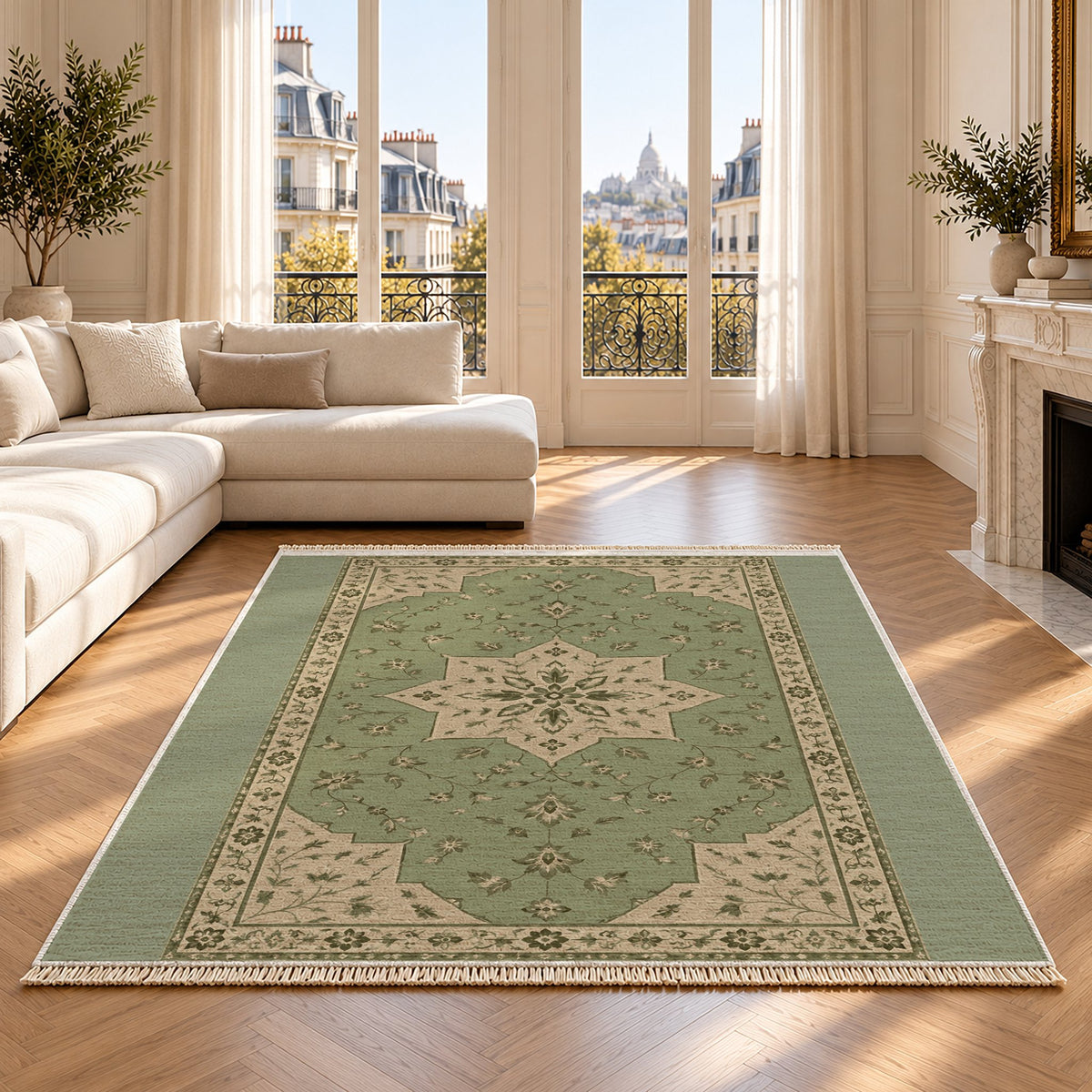 Star Reserve Sage & Oat washable rug on an oak floor