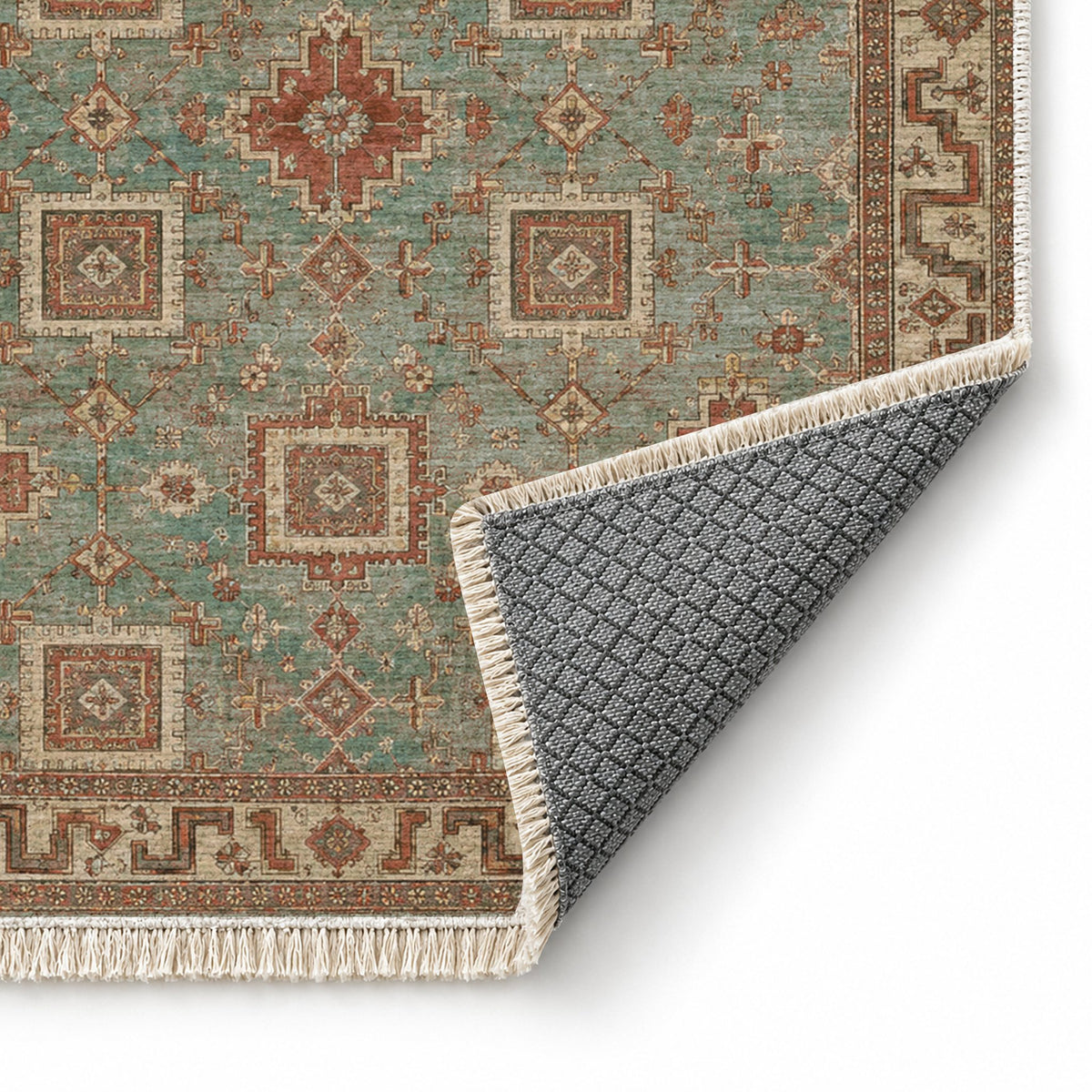Stepped Cross Clay & Sage washable rug folded corner showing the backing