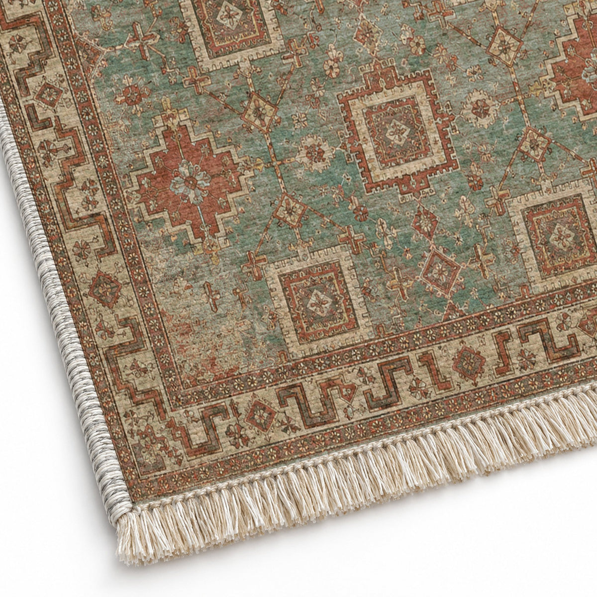 Stepped Cross Clay & Sage washable rug close-up of the printed chenille