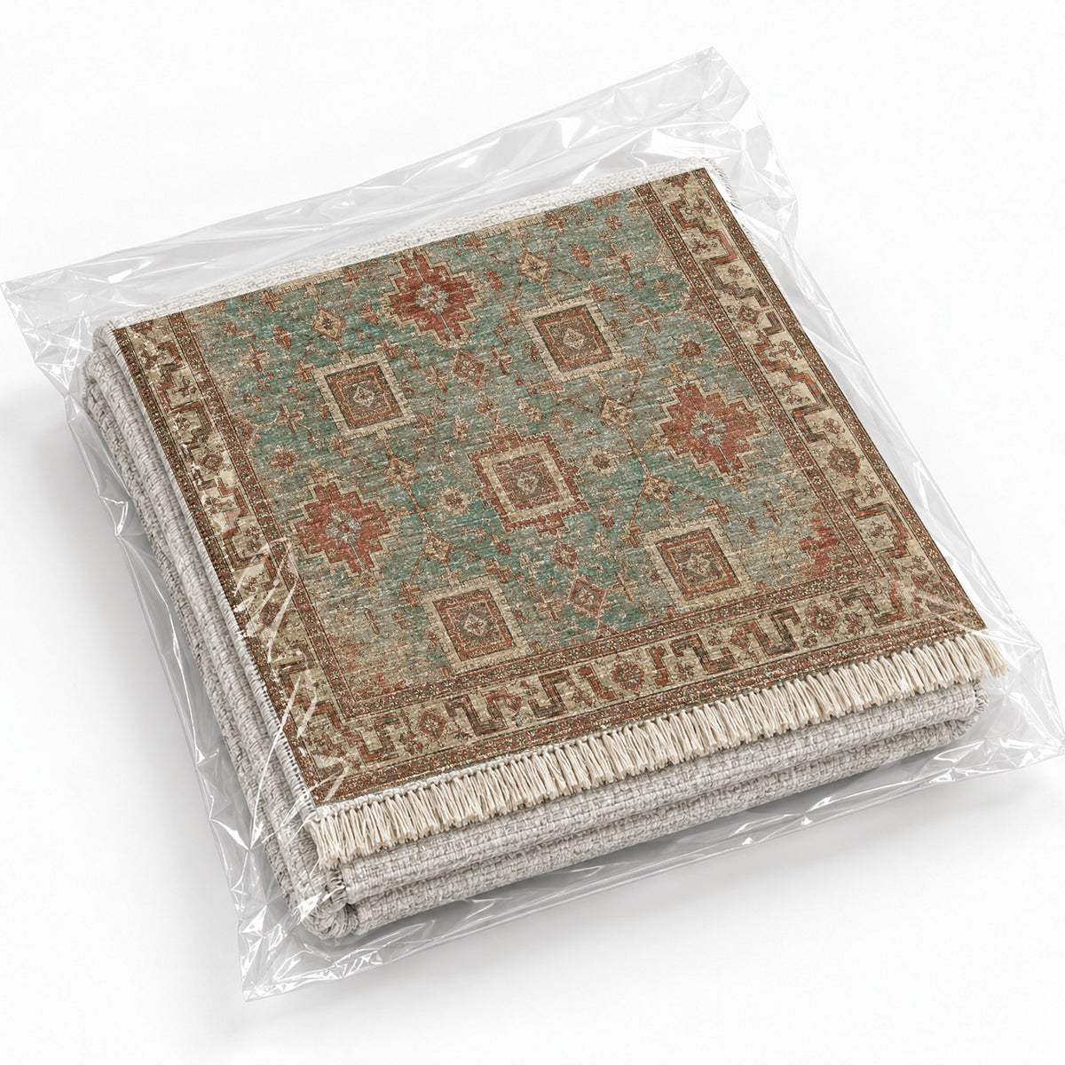 Stepped Cross Clay & Sage washable rug rolled and packaged