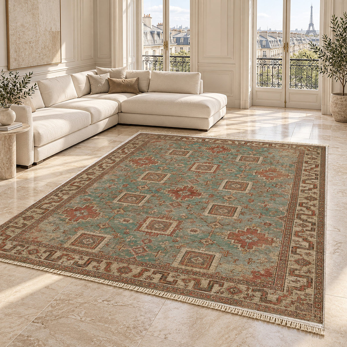 Stepped Cross Clay & Sage washable rug angled room view on marble