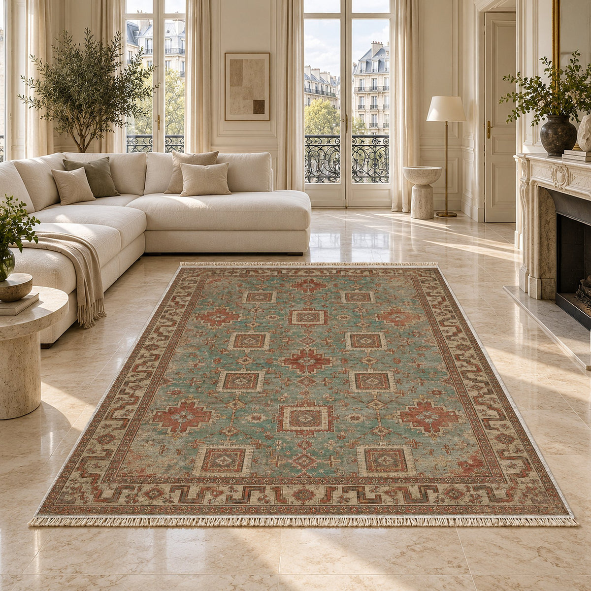 Stepped Cross Clay & Sage washable rug on a marble floor
