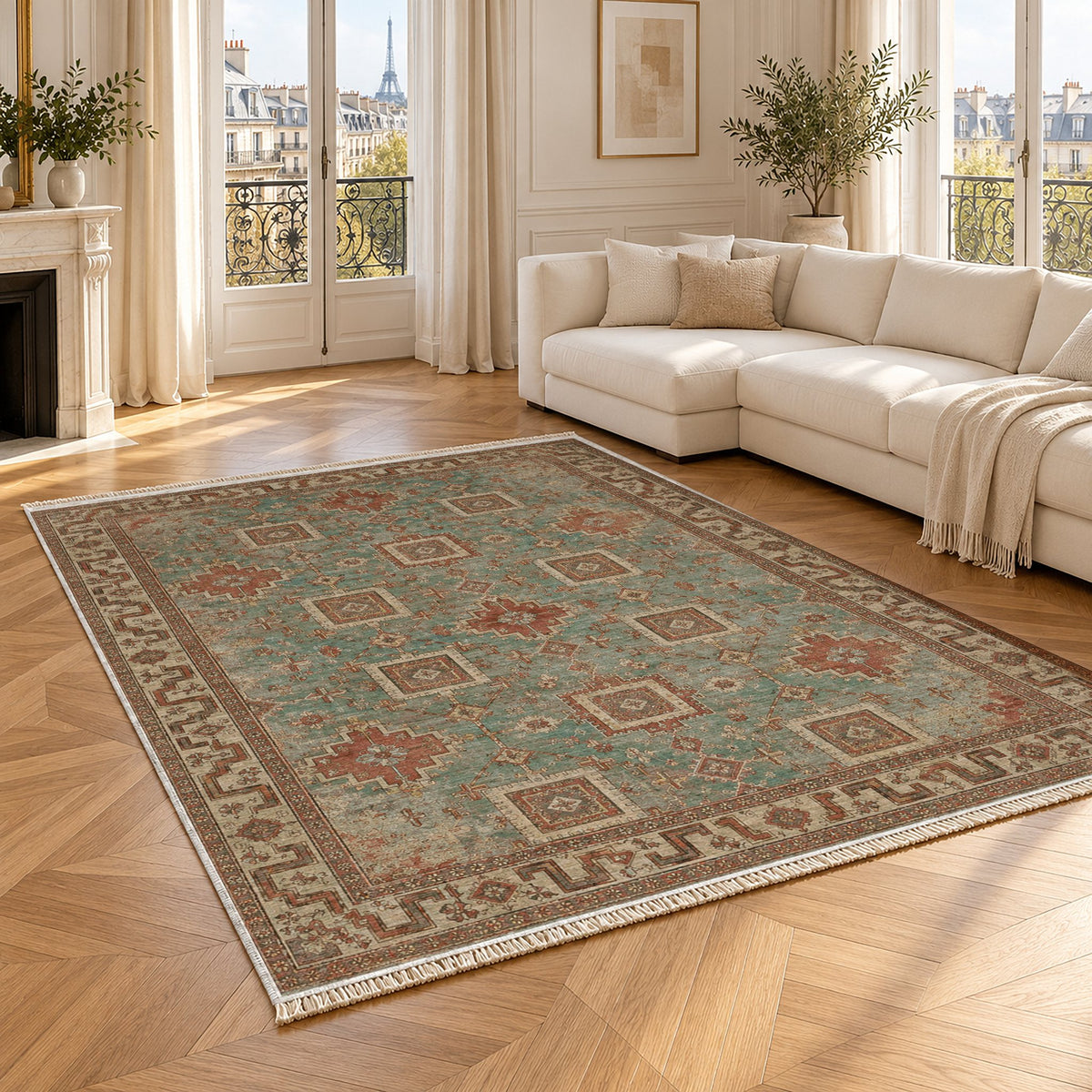 Stepped Cross Clay & Sage washable rug angled room view