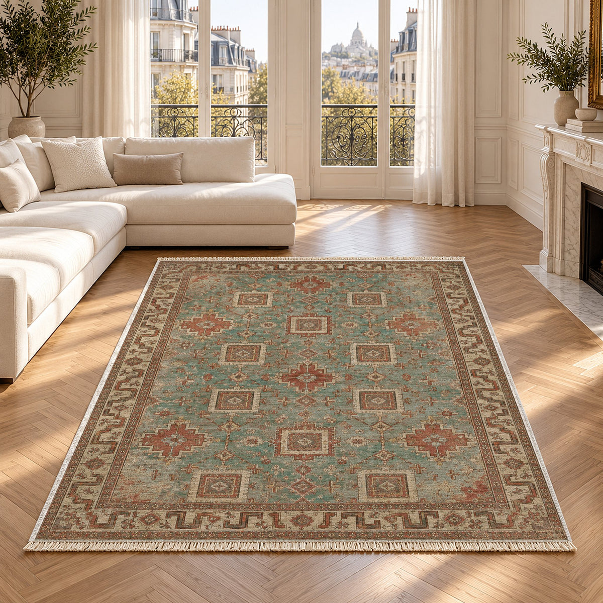 Stepped Cross Clay & Sage washable rug in a Paris living room