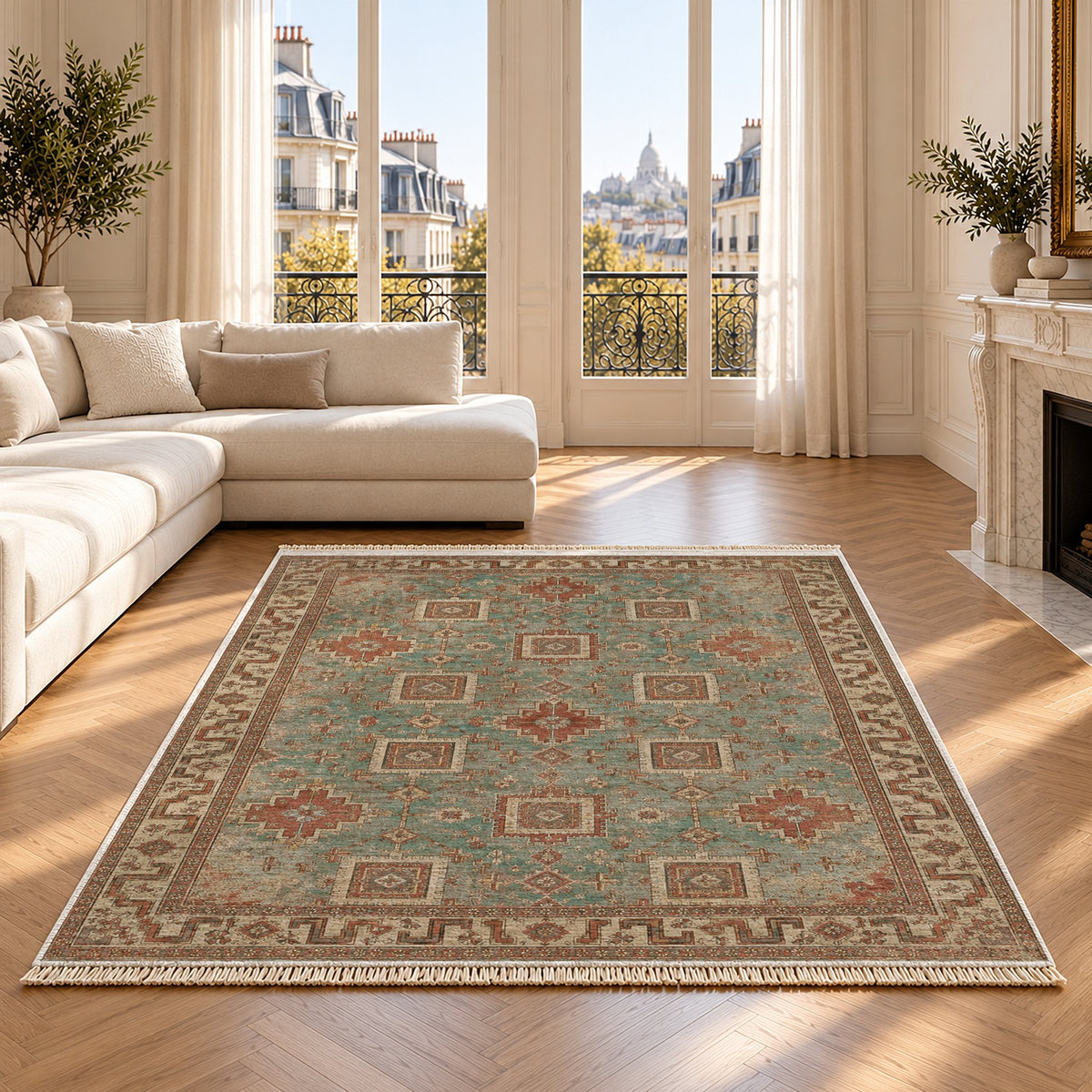 Stepped Cross Clay & Sage washable rug on an oak floor