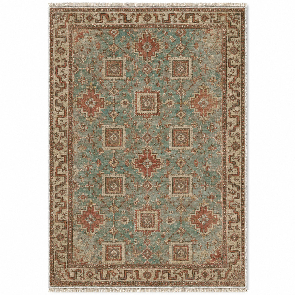 Stepped Cross Clay & Sage washable rug top view