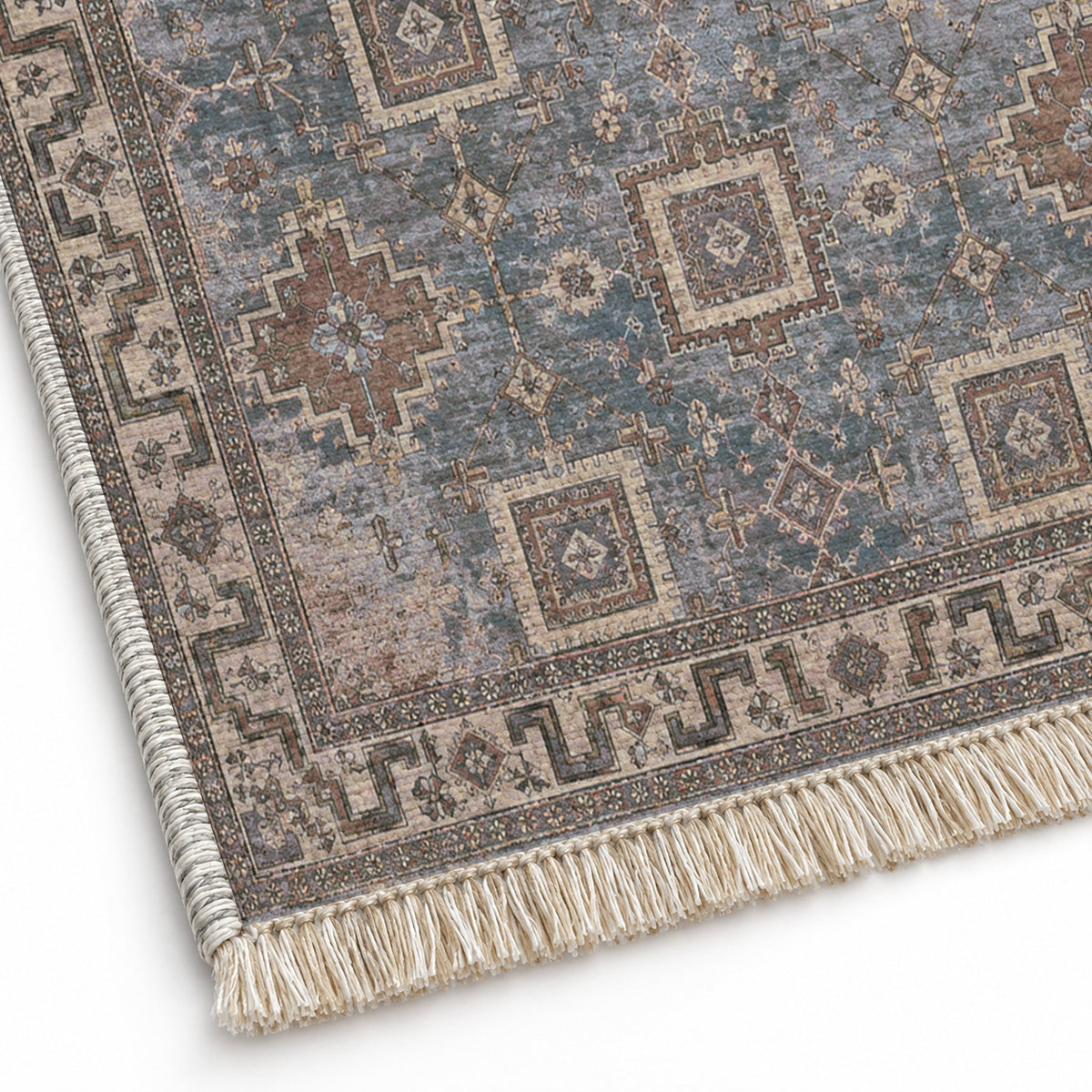 Stepped Cross Graphite & Linen washable rug close-up of the printed chenille