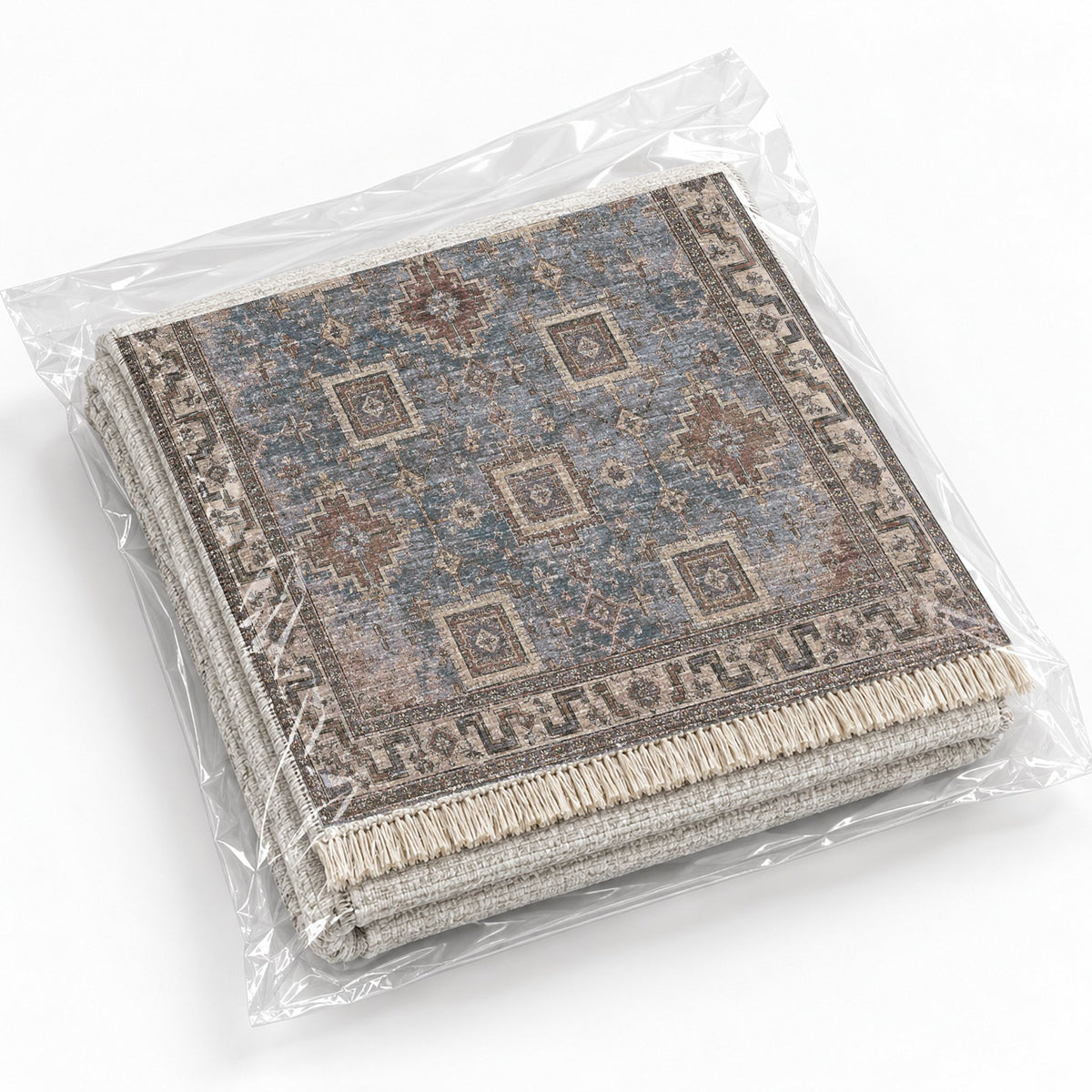 Stepped Cross Graphite & Linen washable rug rolled and packaged