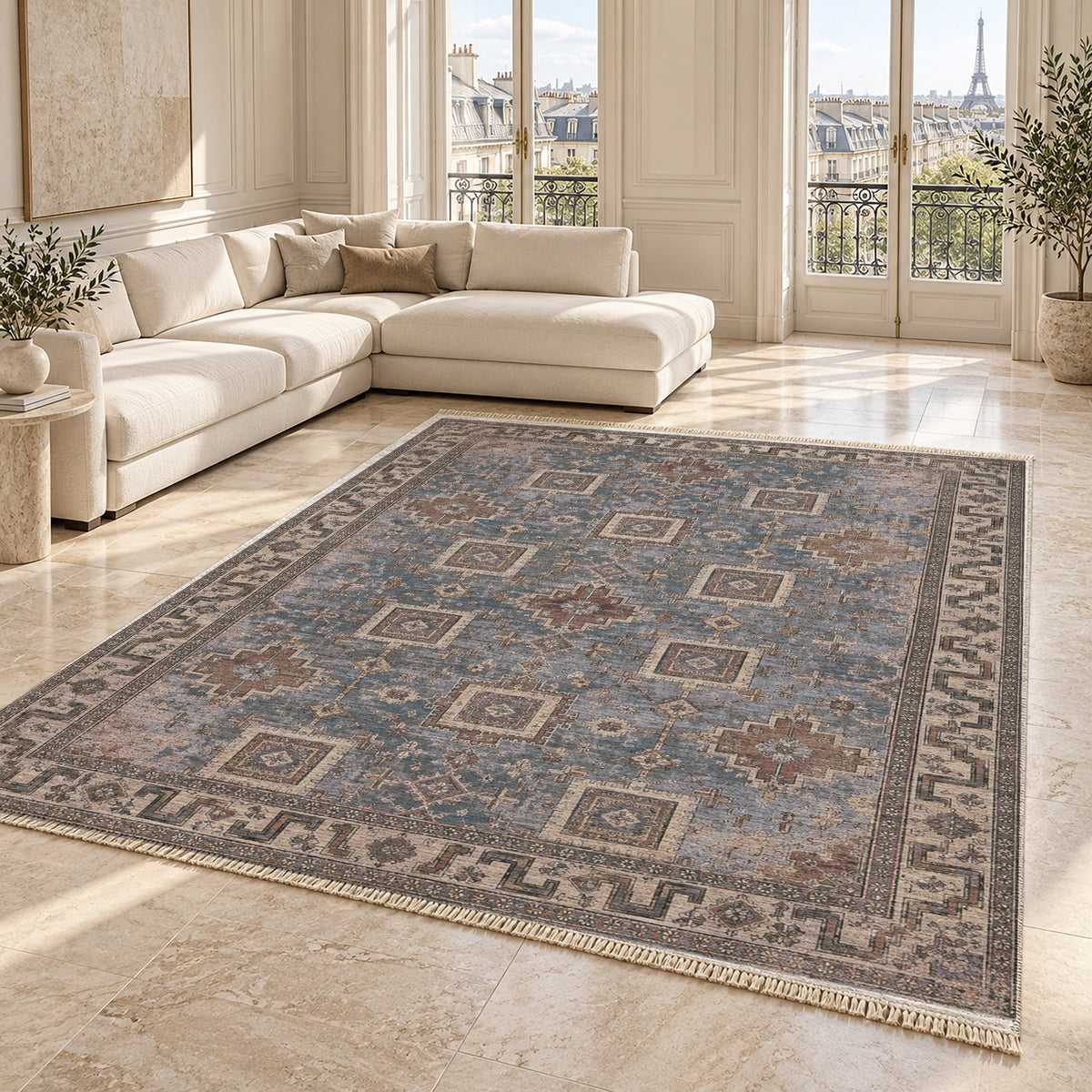 Stepped Cross Graphite & Linen washable rug angled room view on marble