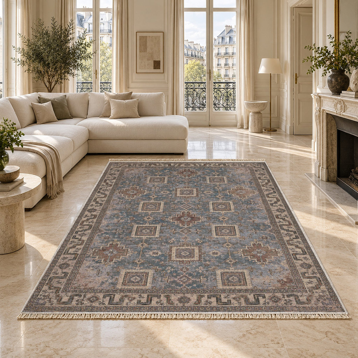 Stepped Cross Graphite & Linen washable rug on a marble floor