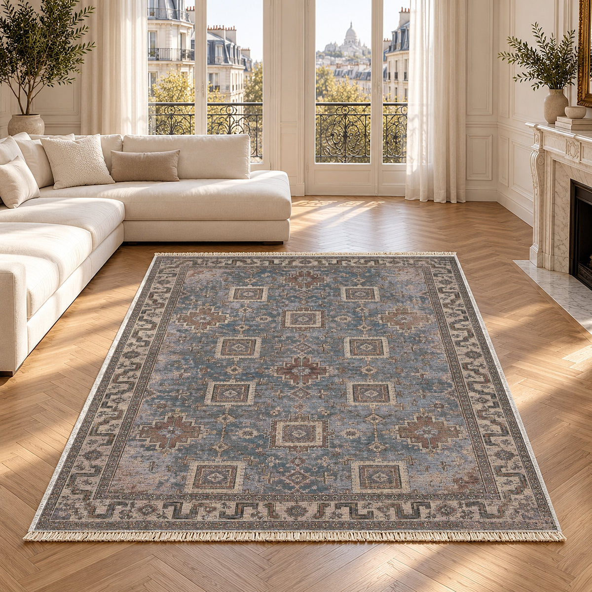 Stepped Cross Graphite & Linen washable rug in a Paris living room
