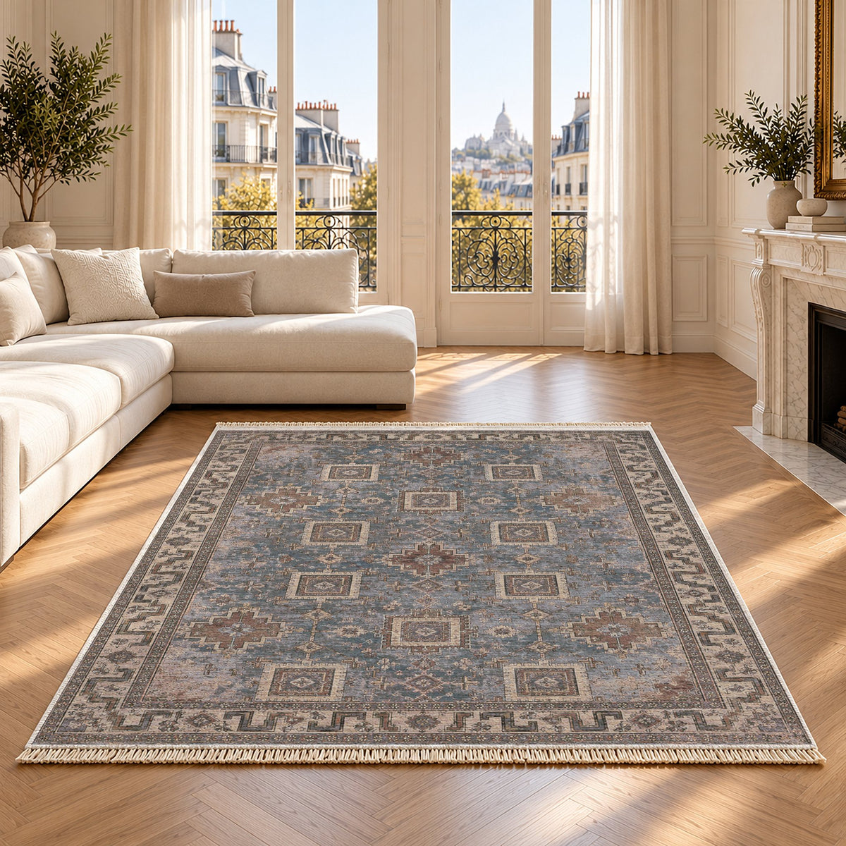Stepped Cross Graphite & Linen washable rug on an oak floor
