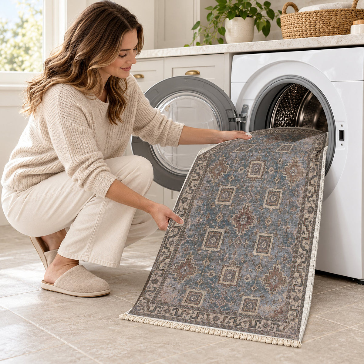 Stepped Cross Graphite & Linen washable rug being loaded into a washing machine