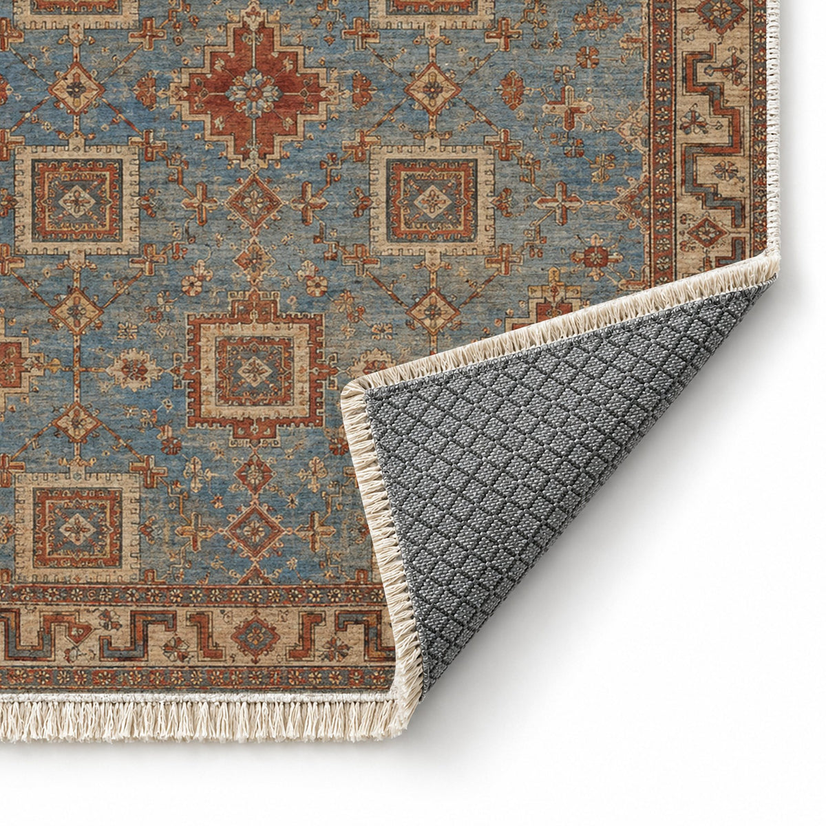 Stepped Cross Grey & Brown washable rug folded corner showing the backing